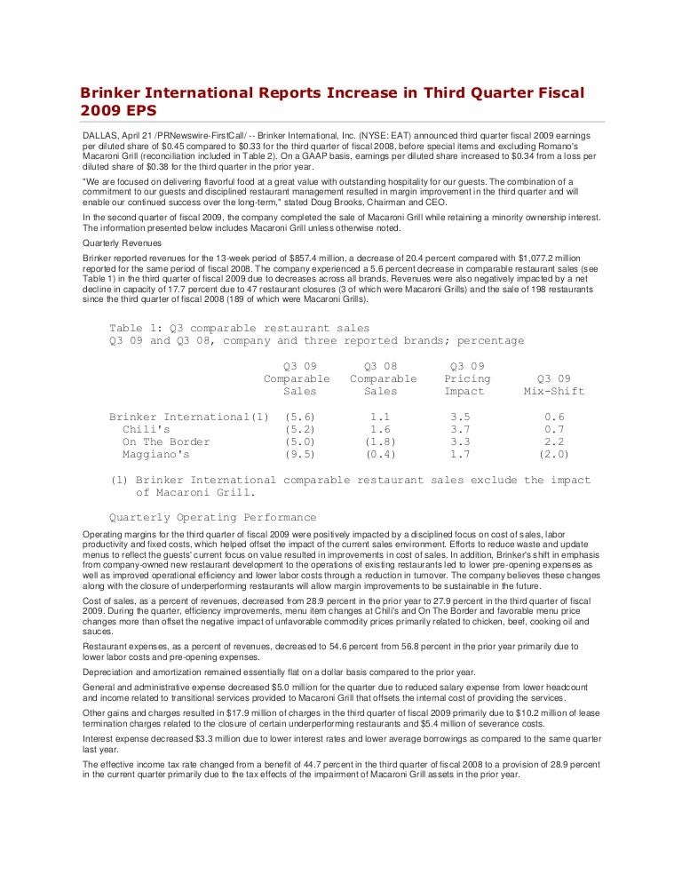 Term Paper Brinker International - Popular Month Free Sample: